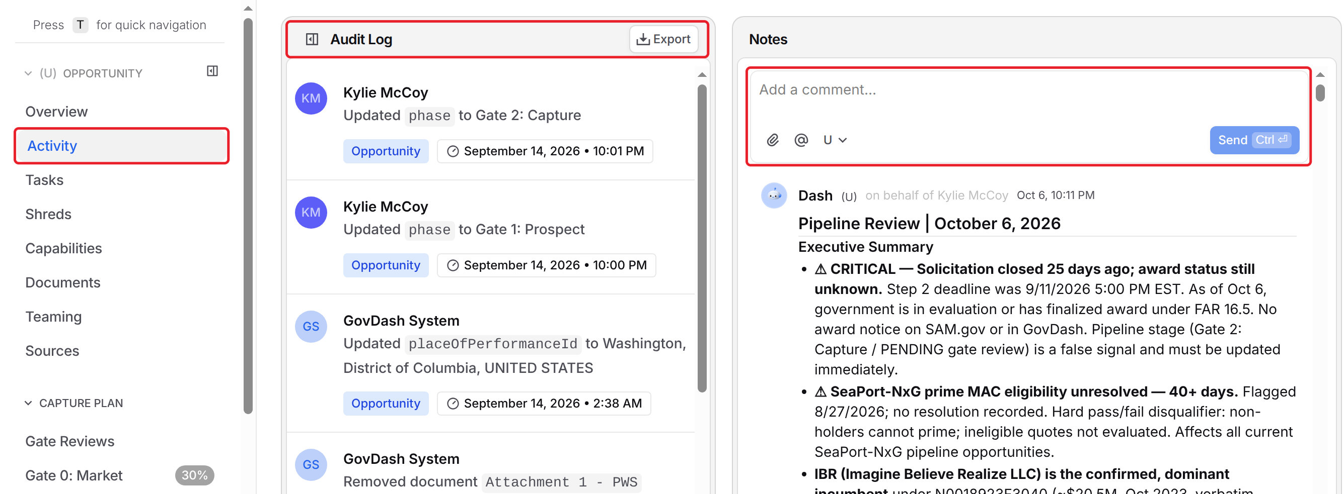 Activity page with Audit Log and Notes
