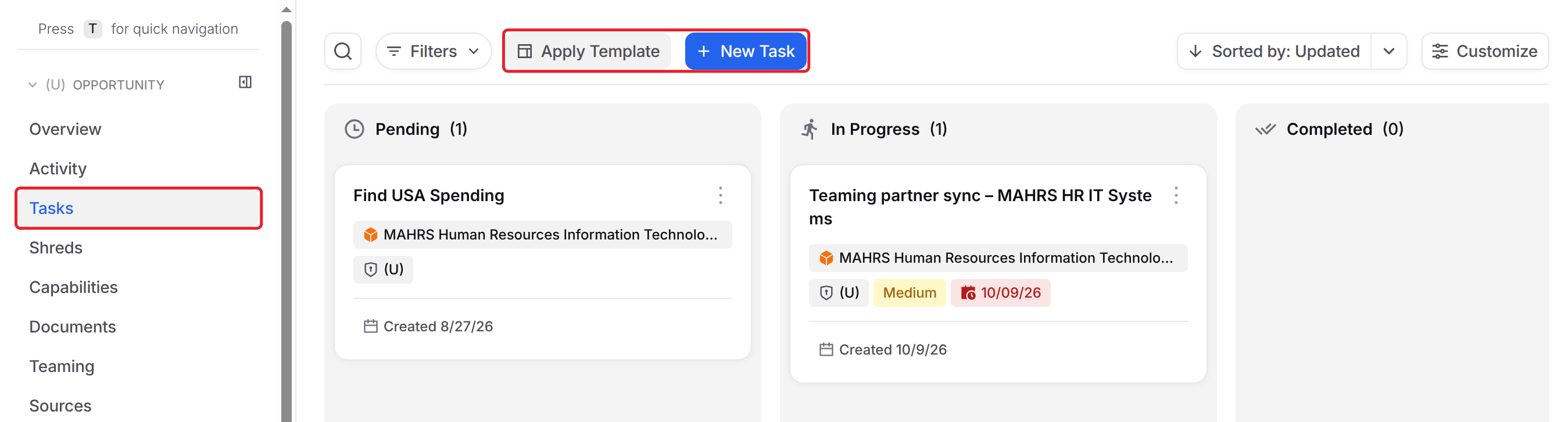 Tasks page of an opportunity