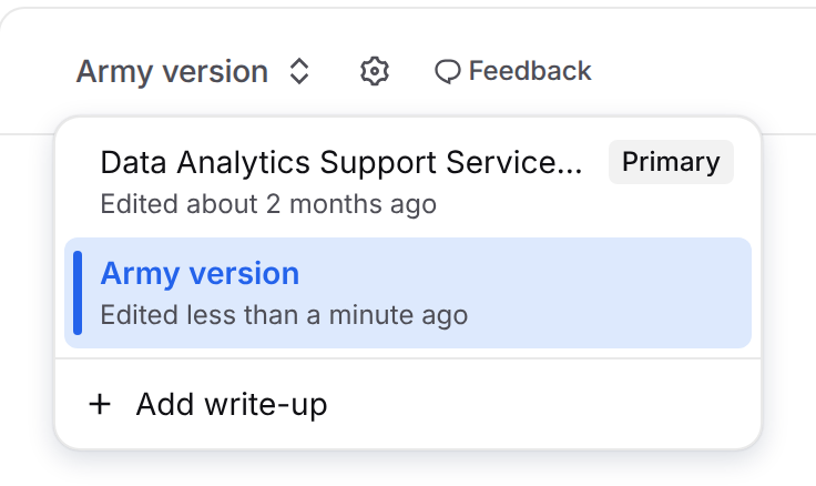 Write-up dropdown showing the Primary write-up, a second write-up and Add write-up