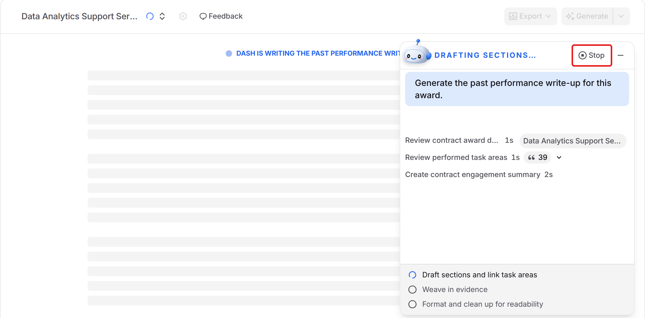 Progress panel while Dash generates a write-up, with the Stop button