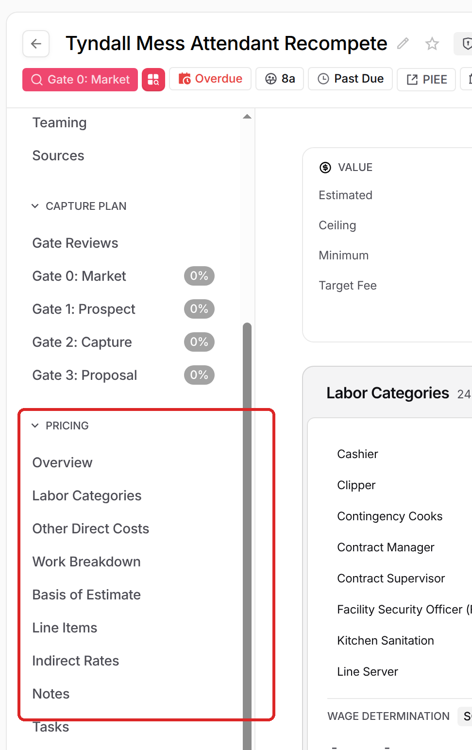 PRICING section of the opportunity menu