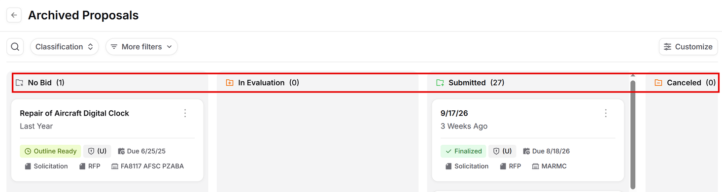 Archived Proposals page with outcome categories