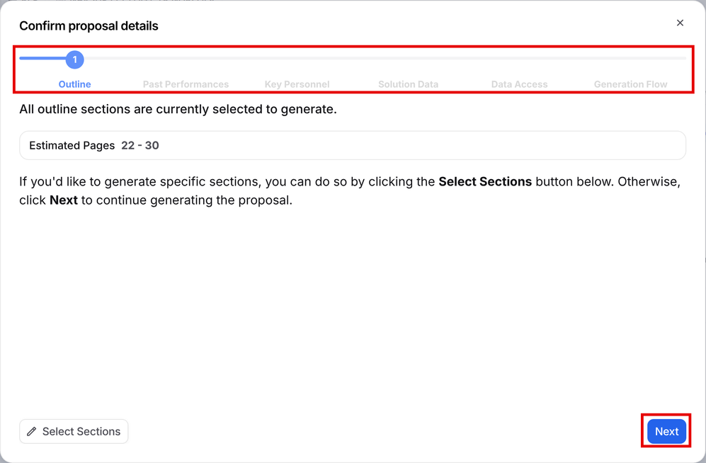Confirm proposal details window with its six steps