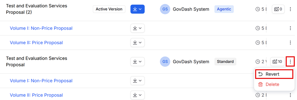 Version row menu with Revert and Delete