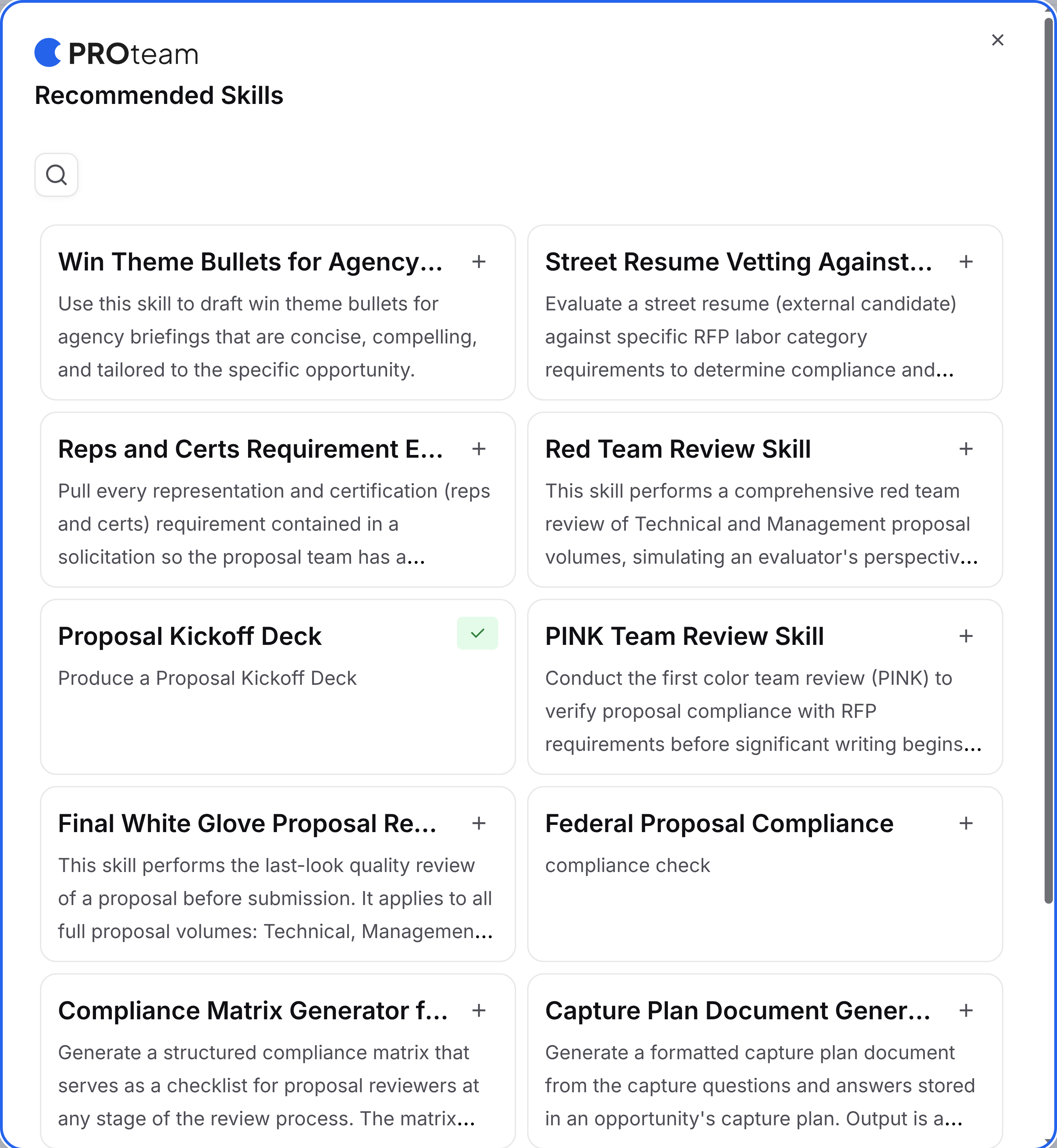 PROTeam Recommended Skills window with installed and not installed Skills