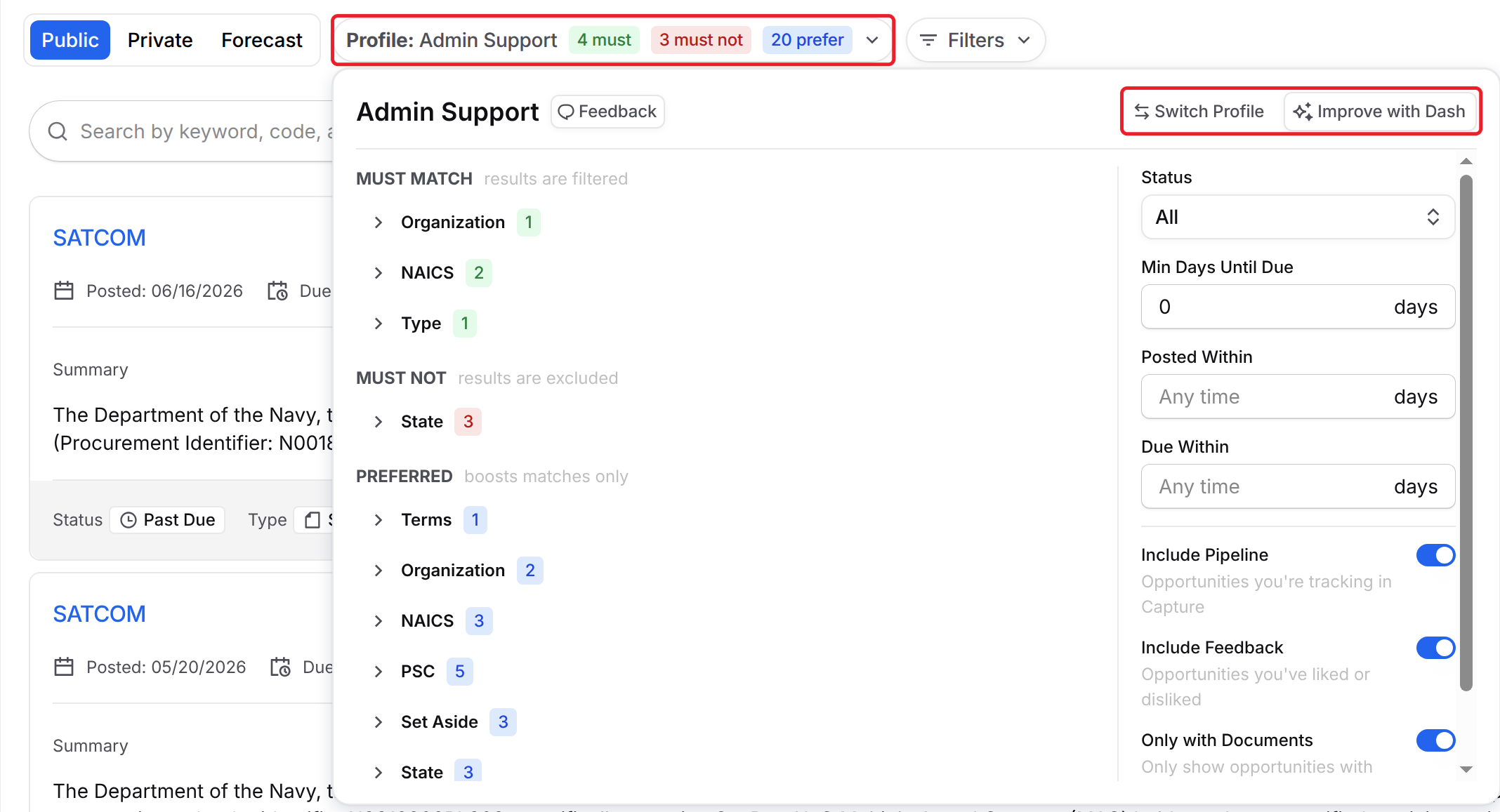 Profile header control and profile panel on the Search tab