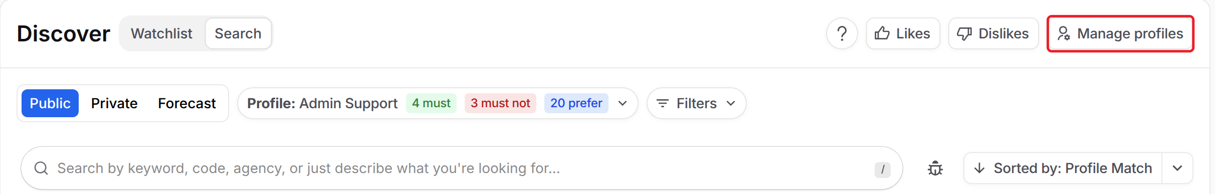 Manage profiles button in the top right of Discover