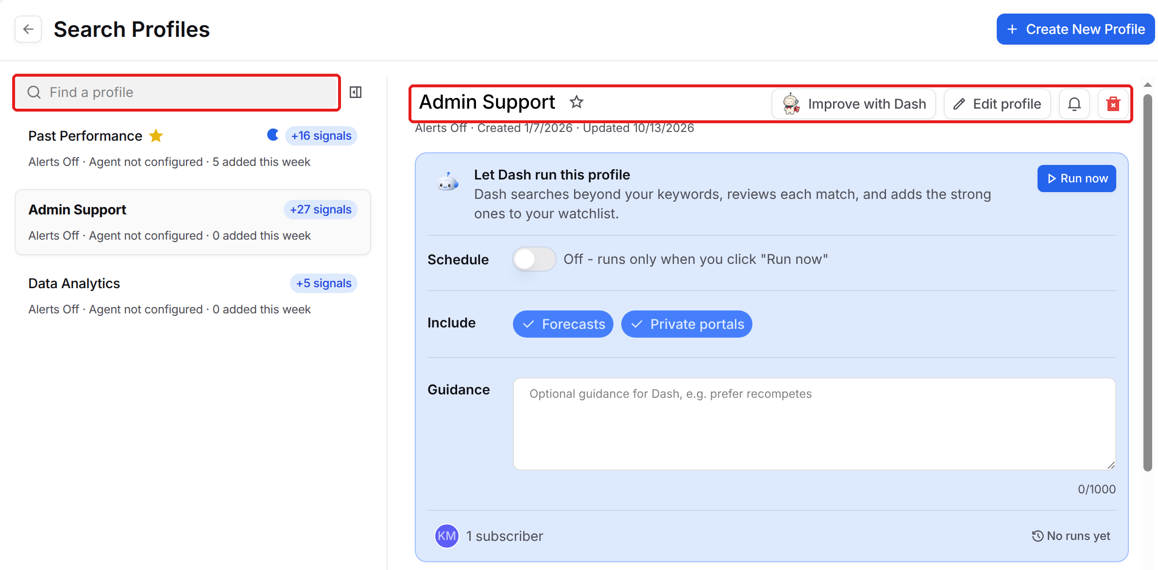 Search Profiles page with Find a profile and the buttons at the top of a profile