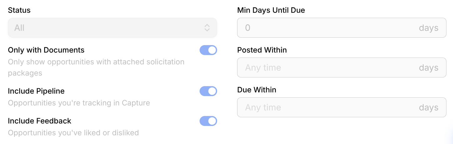 Settings at the bottom of a search profile