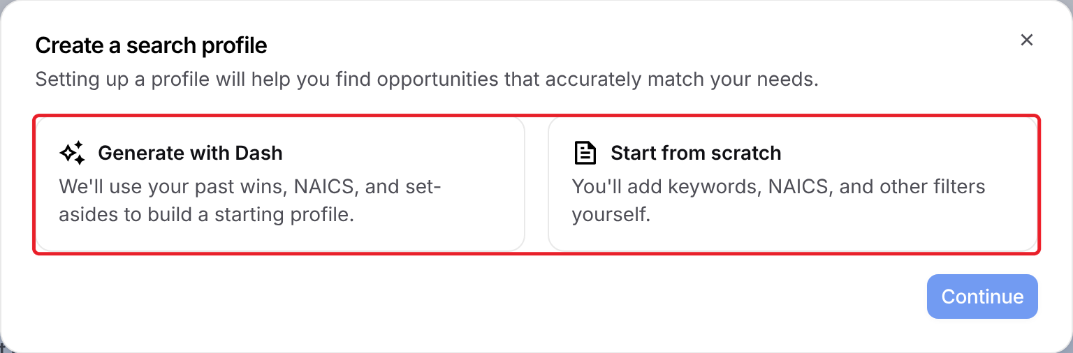 Generate with Dash and Start from scratch options