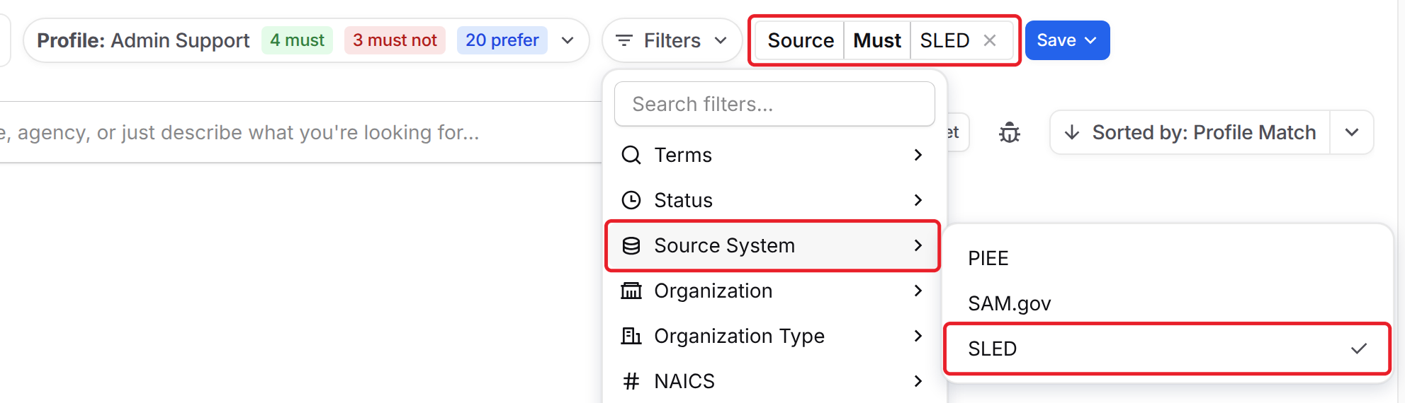 Source System filter with SLED selected