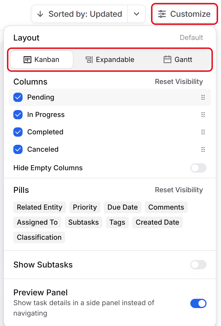 Tasks toolbar and Customize menu