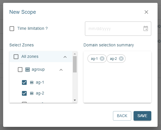 Screenshot of the "New Scope" window which allows you to choose zones and domains to apply user access restrictions