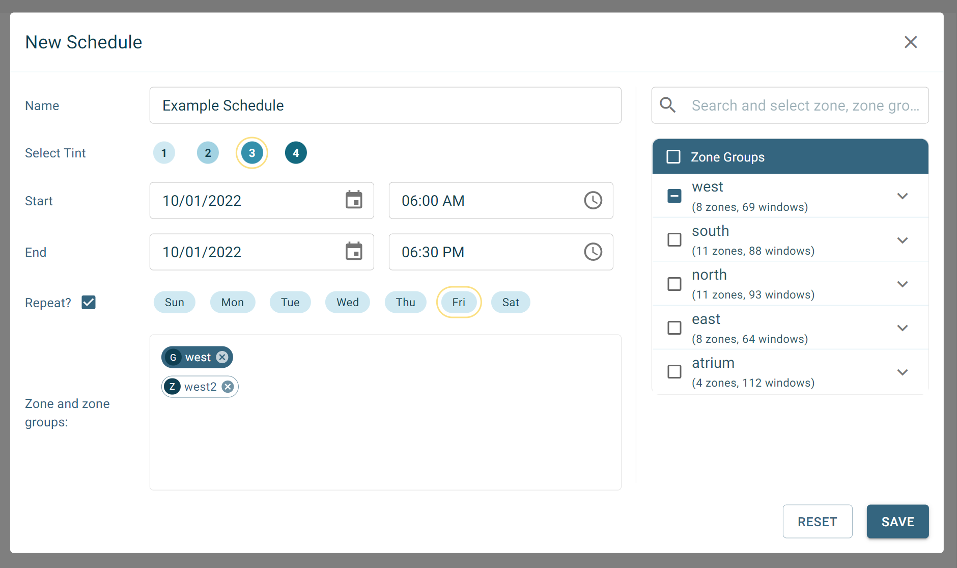 Screenshot of the New Schedule window that has a name field, tint level and start and end times to select, options to repeat for any day of the week, and then checkboxes for each zone to apply the schedule to.