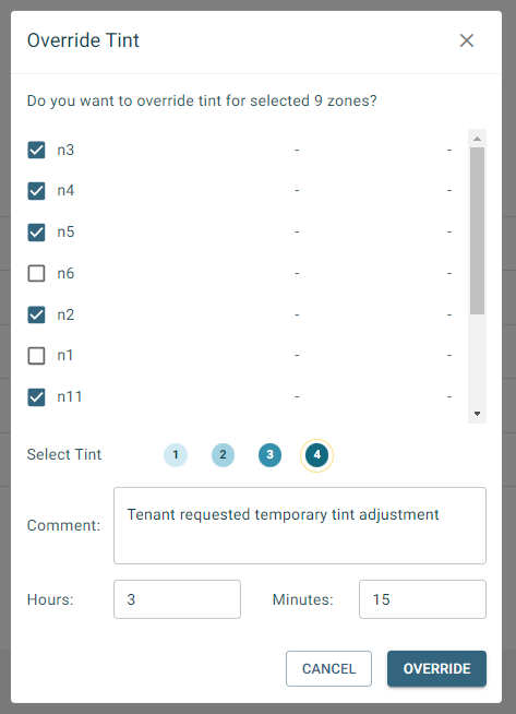 Screenshot of the Override Tint window that shows checkboxes for each zone, tint level, a comment field and hours and minutes to apply the override.