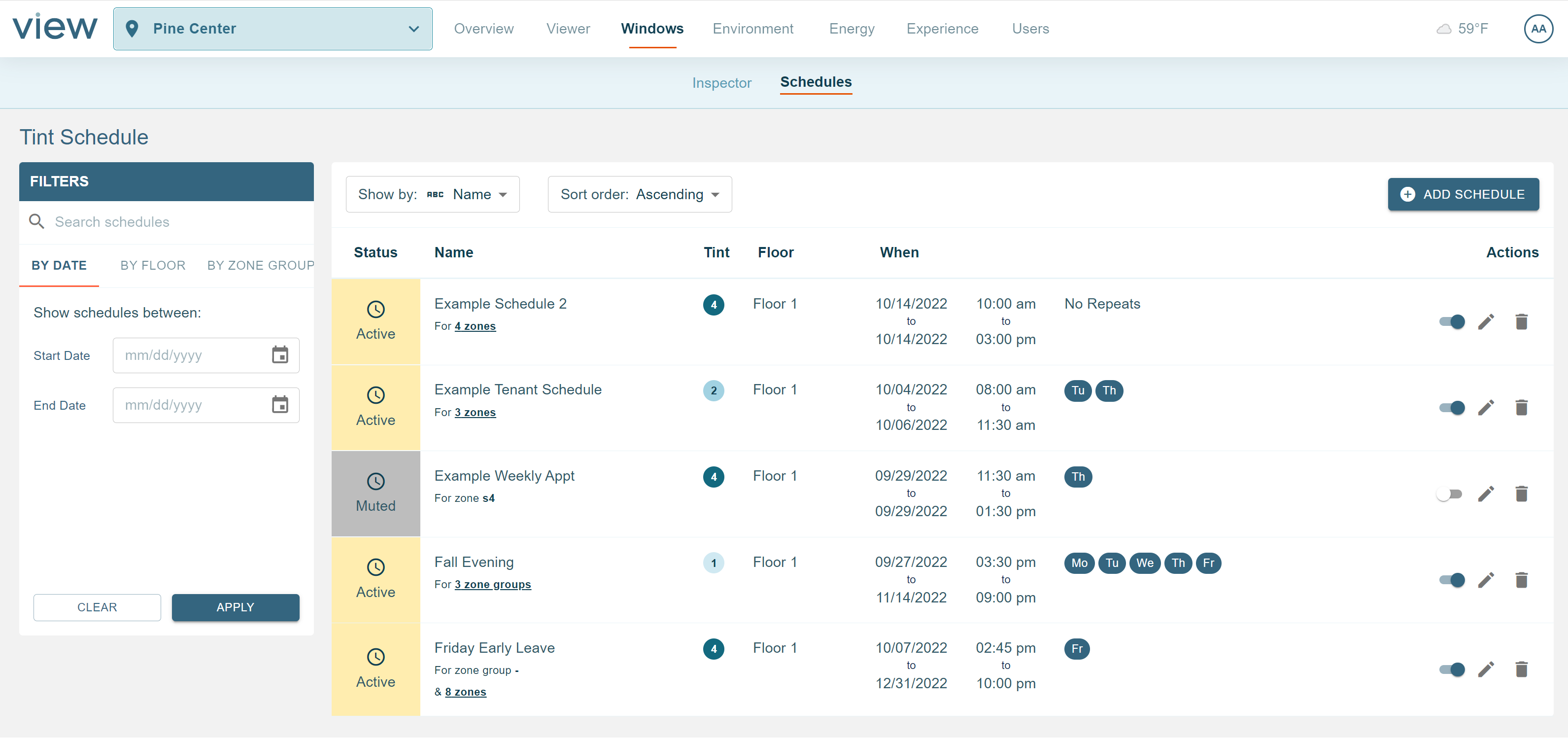 Screenshot of the Tin Schedules page with 5 different example schedules in the list
