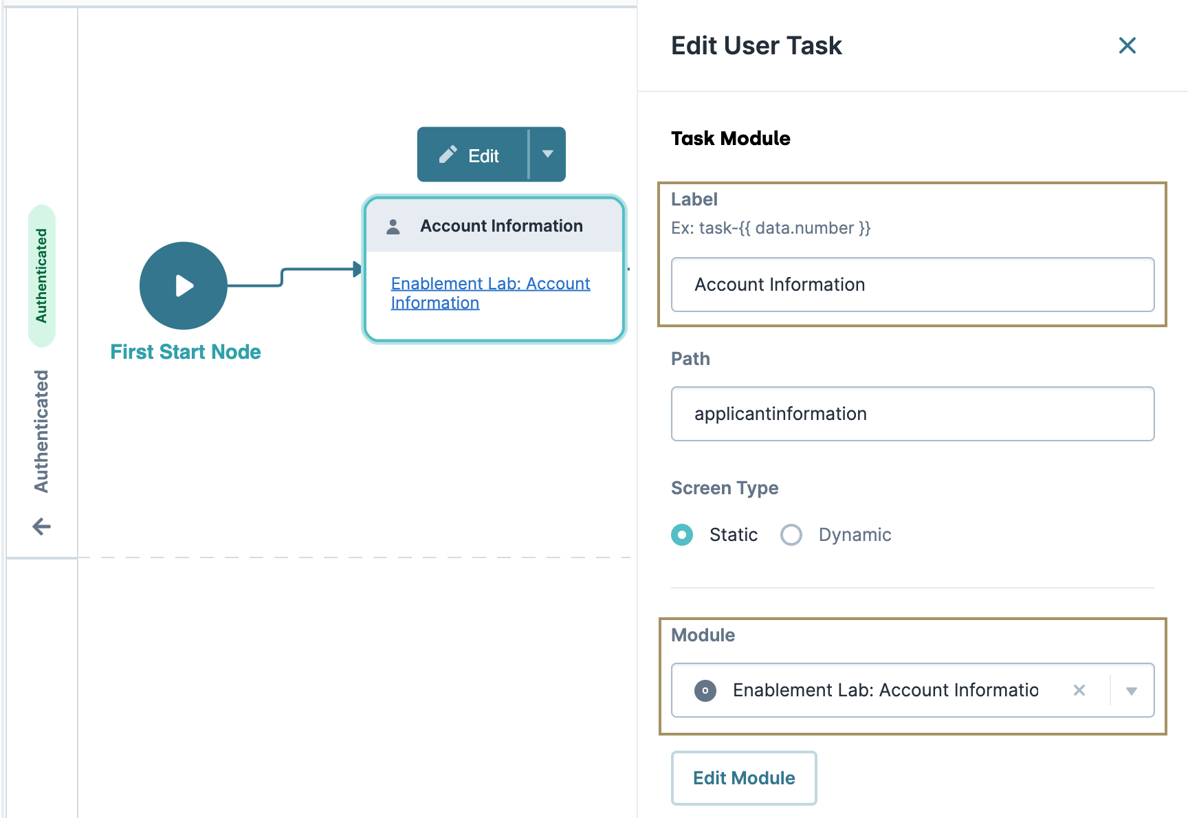 User task editing interface showing account information and module details.
