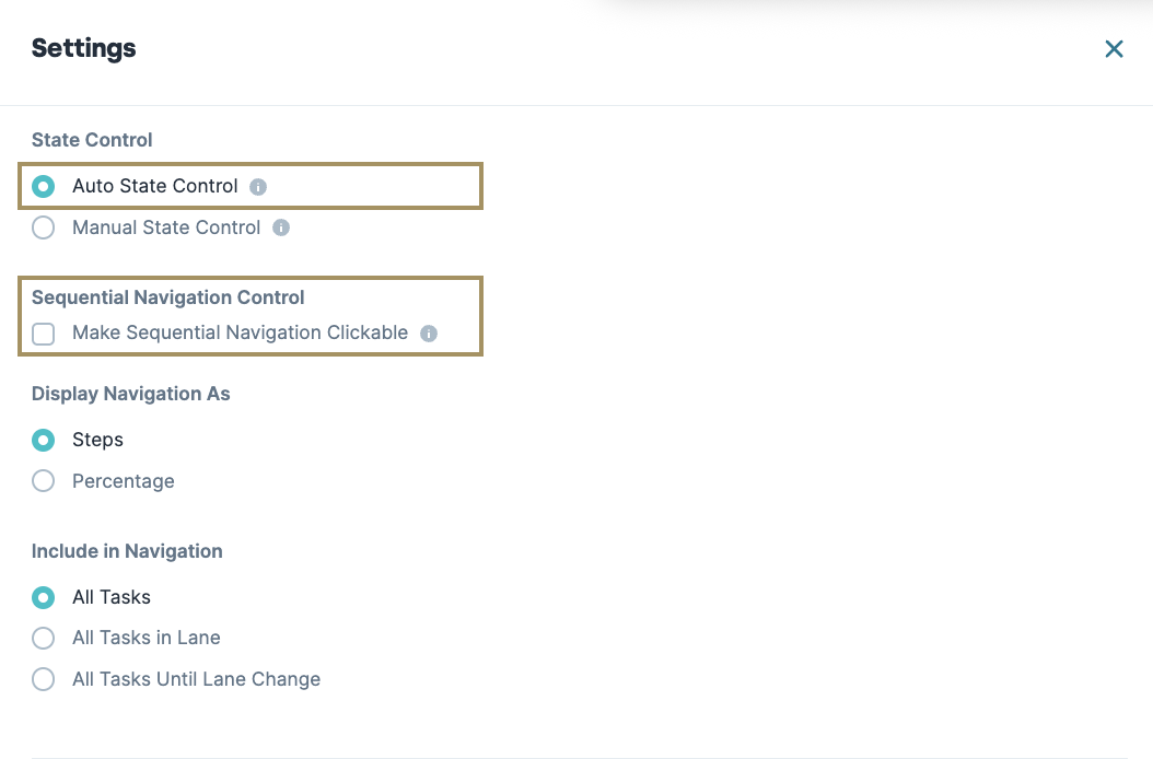 Settings menu showing options for state control and navigation display preferences.