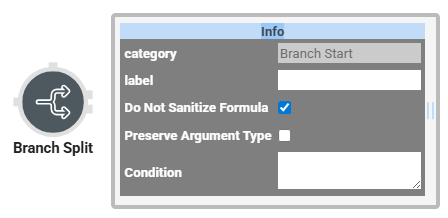 A static image of the Branch Split operator and its Info window in the Classic Designer.
