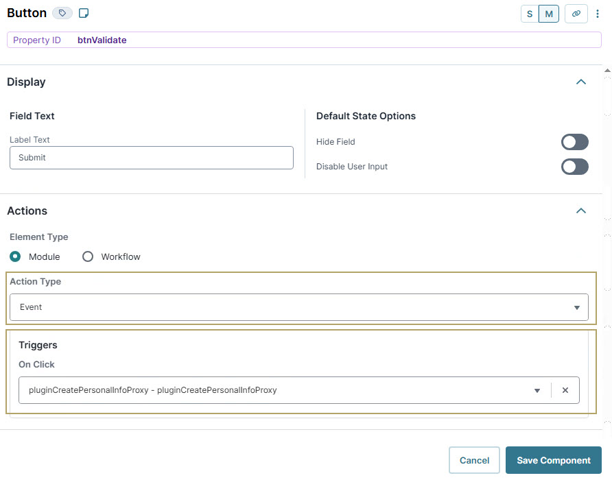 A static image displaying the Button configuration with action type and triggers for user interaction settings.