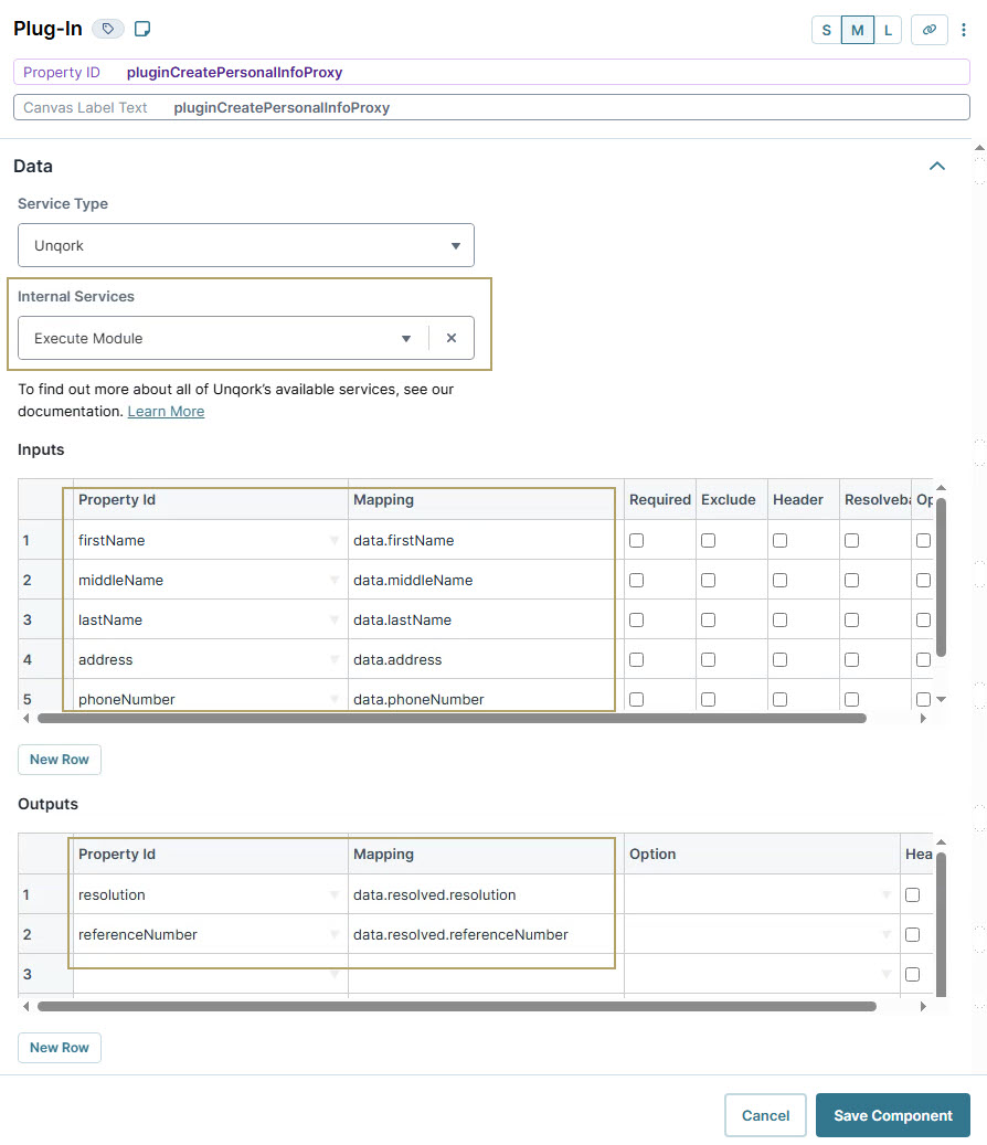 A static image displaying the Configuration settings for Unqork plugin, including input and output mappings.