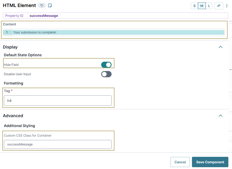 A static image displaying the Success message indicating submission completion in a web form interface.