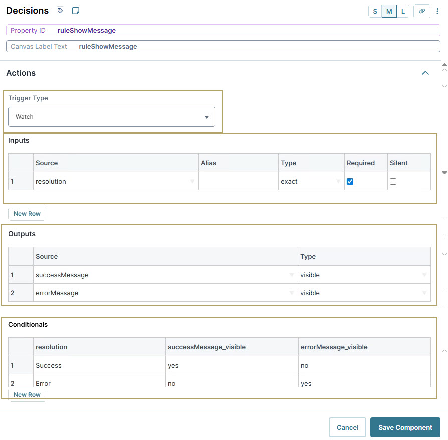 A static image displaying the Decision component showing inputs, outputs, and conditionals for message visibility rules.