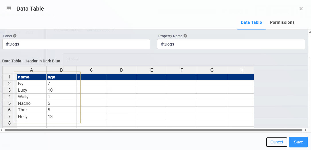 A static image displaying the Data table displaying names and ages of various dogs for reference.