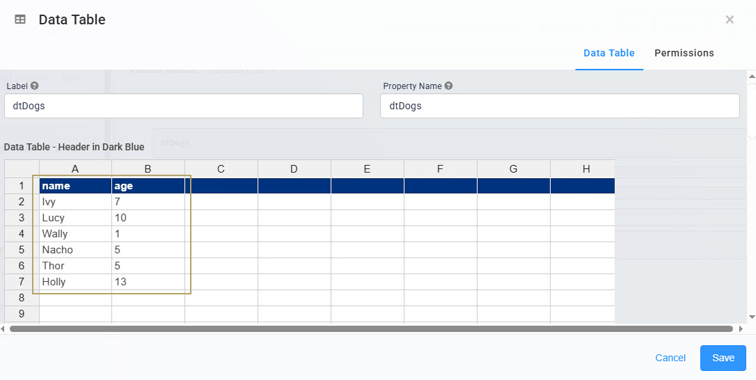 A static image displaying the Data table displaying dog names and their corresponding ages for reference.