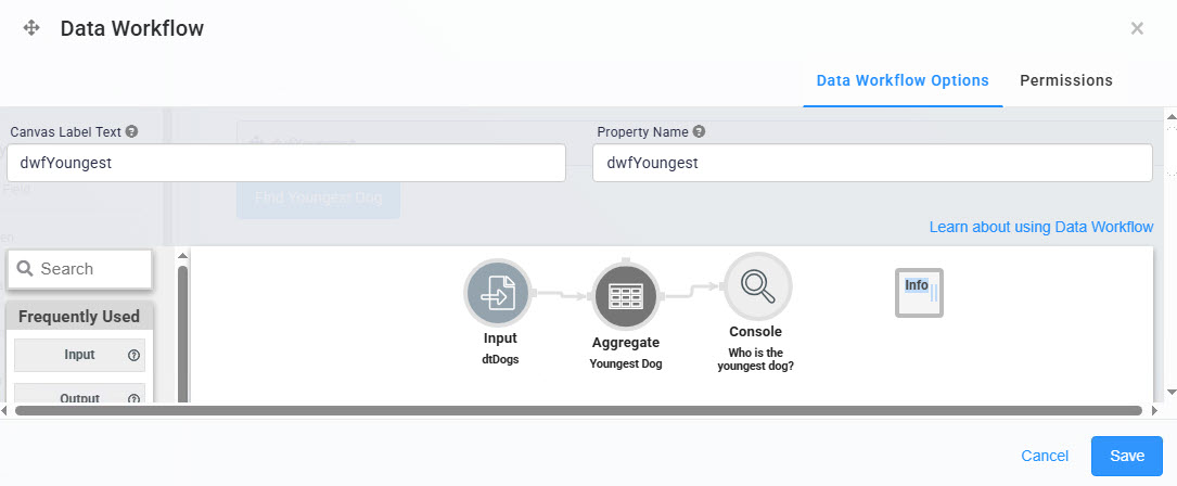 A static image displaying the Data workflow configuration showing input, aggregate, and console components for finding the youngest dog.