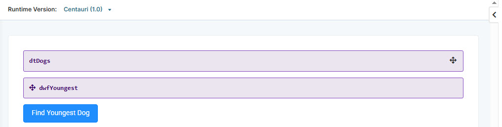 A static image displaying the Module Builder configuration for dog data and a button to find the youngest dog.