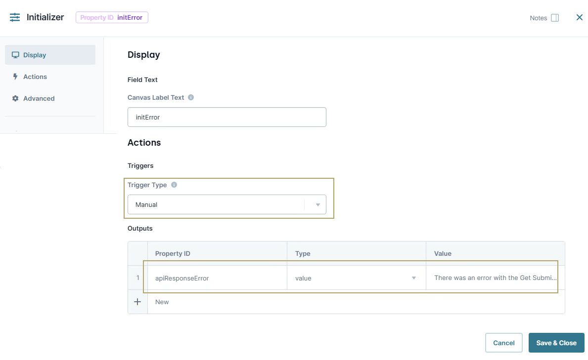 A static image displaying the Display settings for an error initialization with manual trigger and output properties.