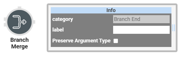 A static image displaying the Info Window of Branch Merge operator in the Classic Designer.