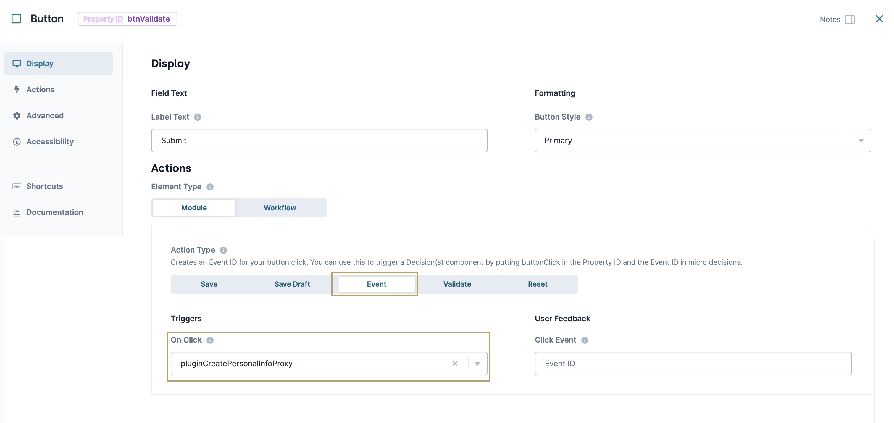 A static image displaying the Button component settings.