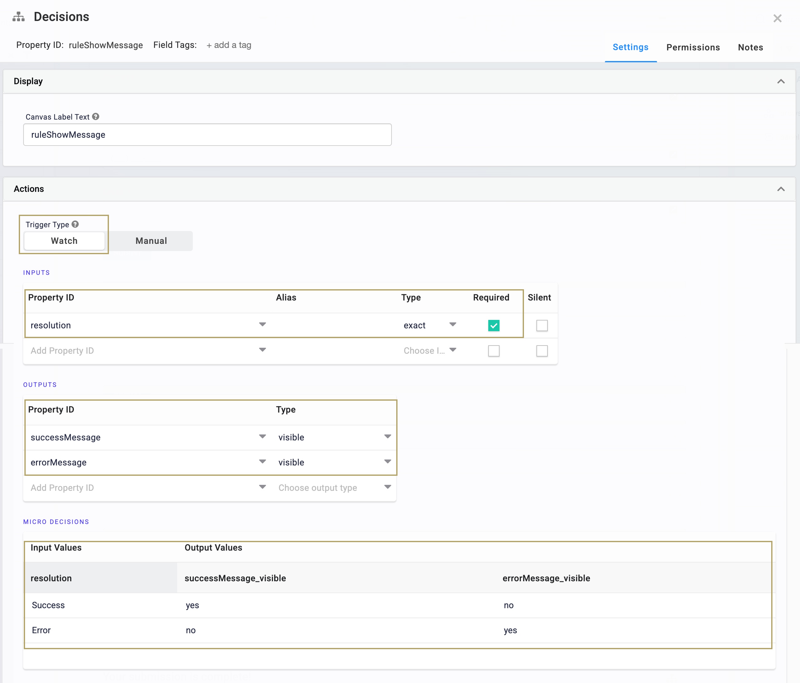 A static image displaying the Decisions component settings.