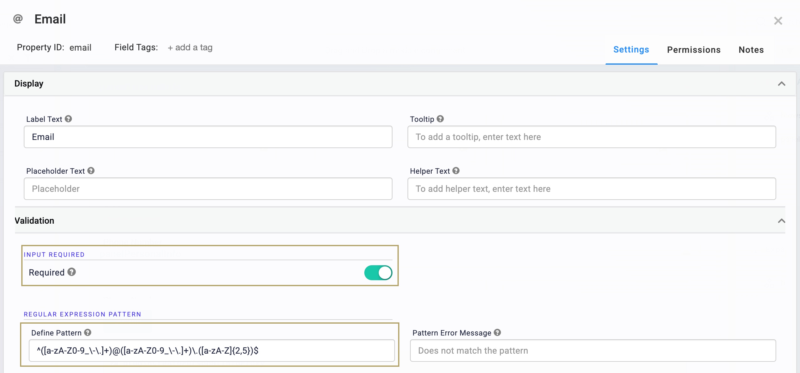 A static image displaying the Email component settings.