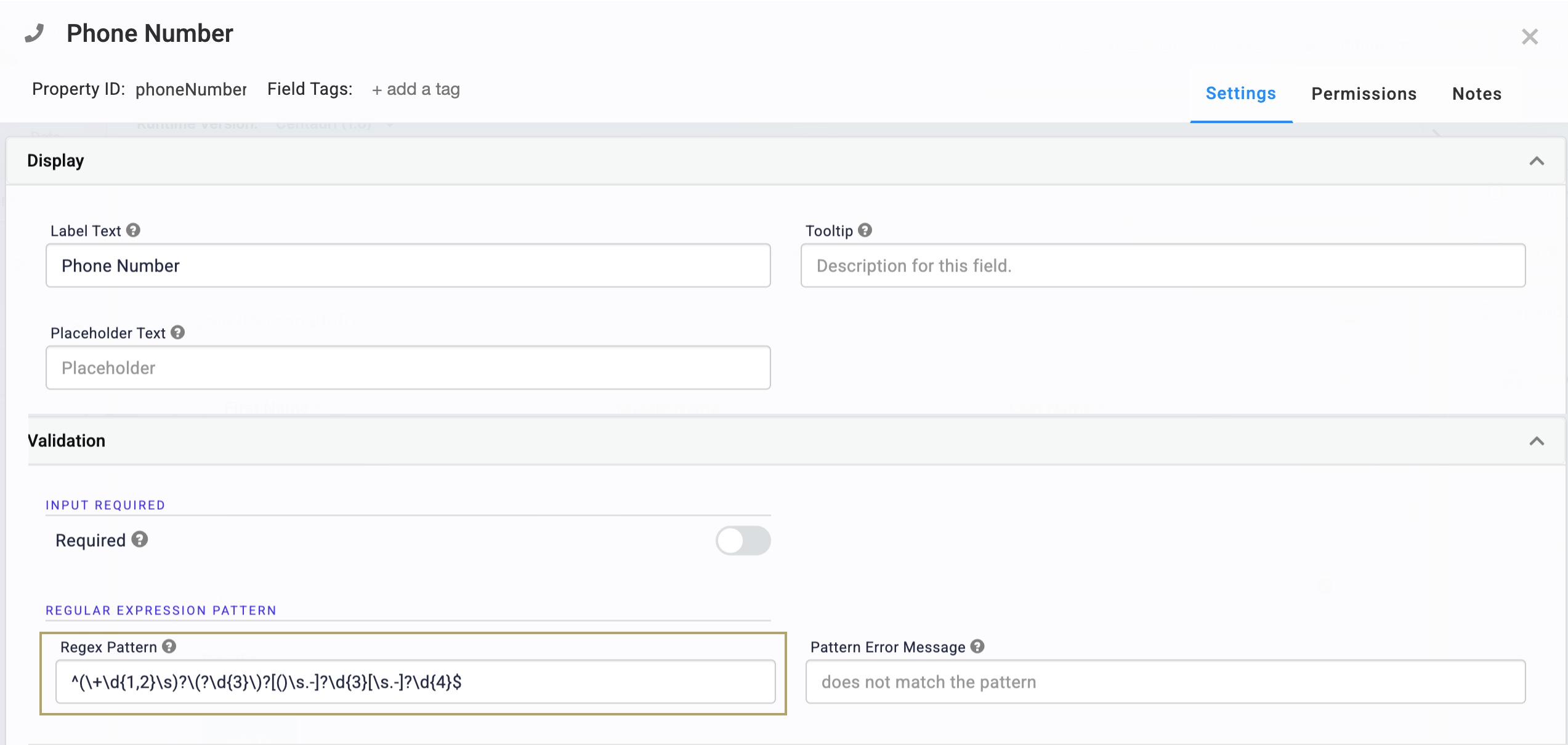 A static image displaying the Phone Number Component settings.