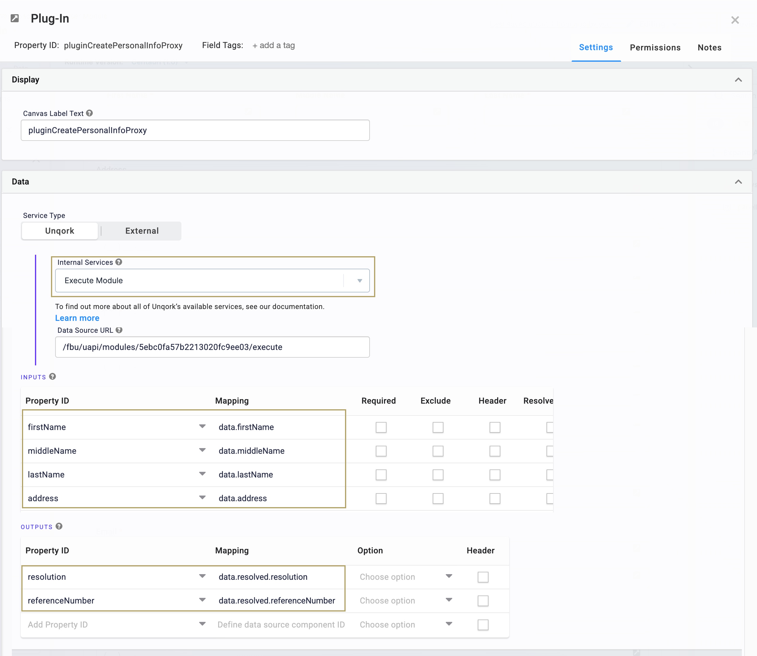 A static image displaying the Settings page for a plugin with input and output mapping fields displayed.