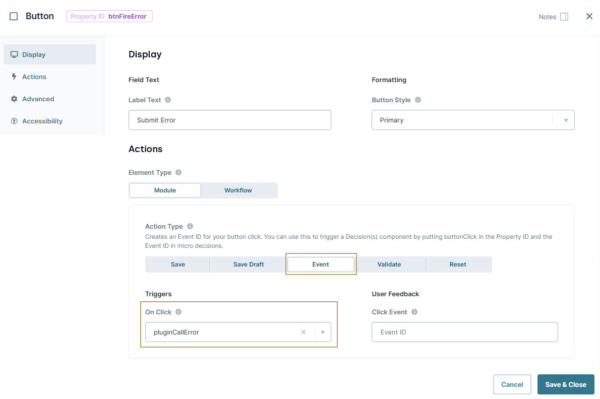 A static image displaying the Button configuration settings for triggering an event on click with user feedback options.