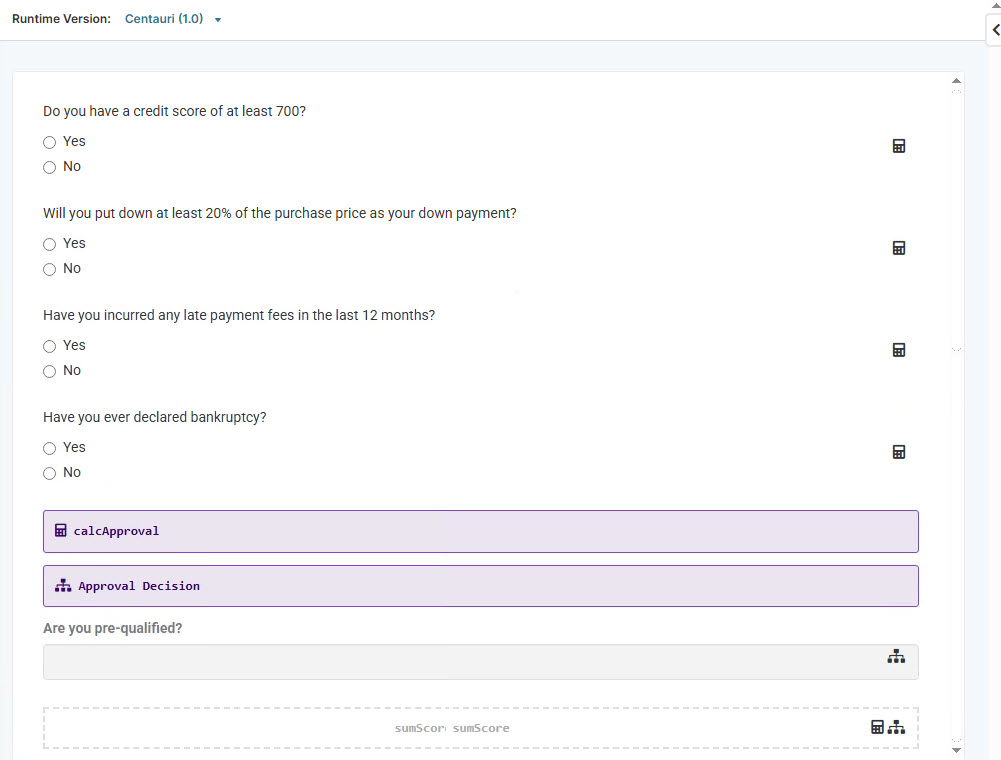 A static image displaying the questionnaire for credit approval with multiple choice questions and decision options.