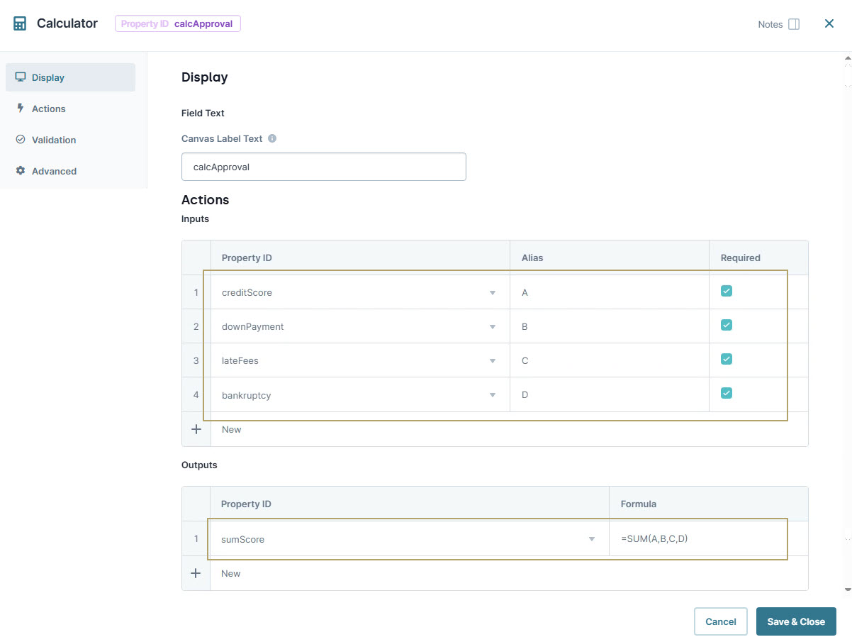 A static image displaying the Calculator interface showing property IDs and formulas for credit score calculations.
