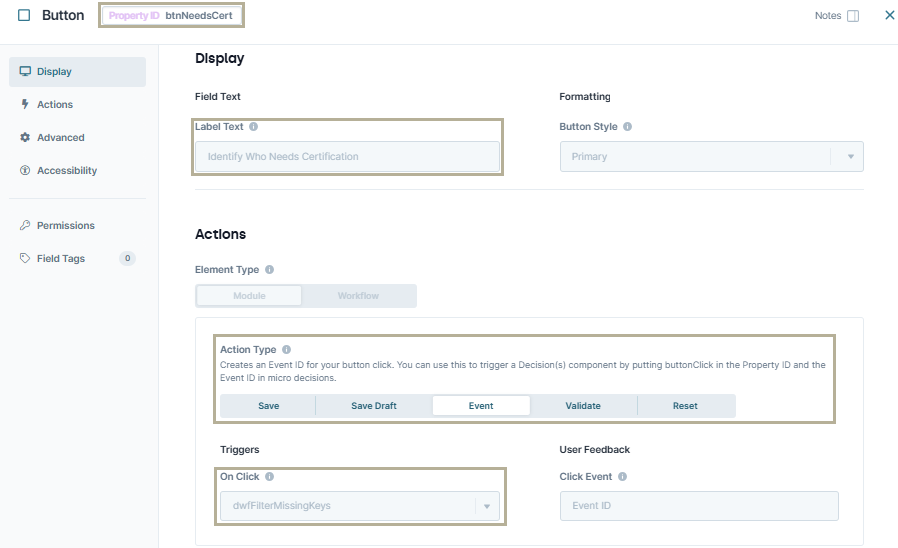 A static image displaying the btnNeedsCert Button component.