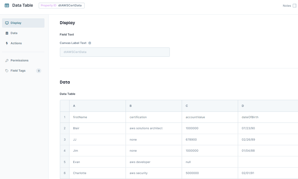 A static image displaying the dtAWSCertData Data Table.
