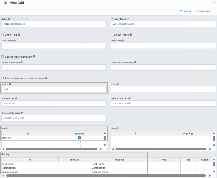 A static image displaying the configuration of the gridNeedCertificates ViewGrid component.