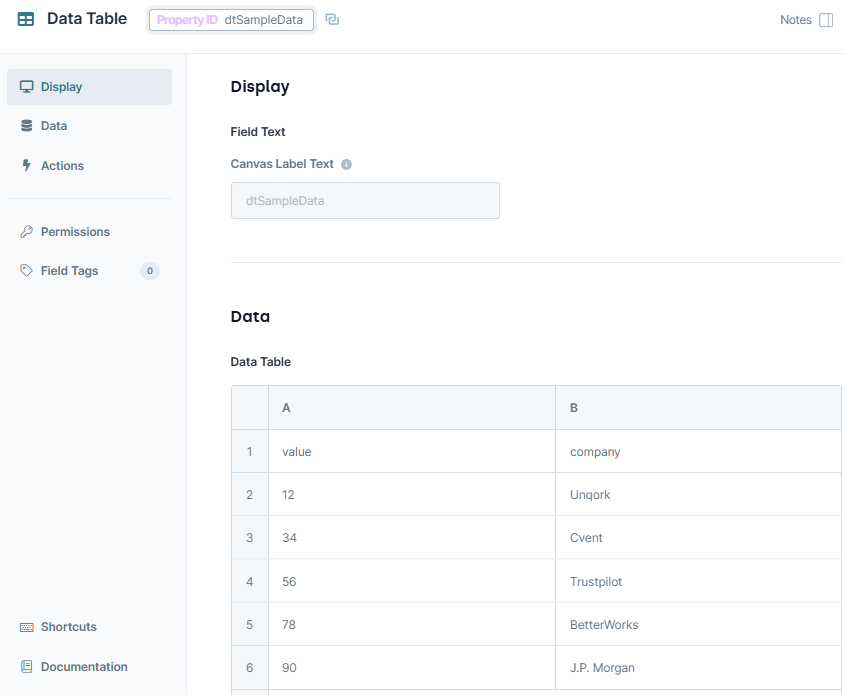 A static image displaying the dtSampleData Data Table configuration.