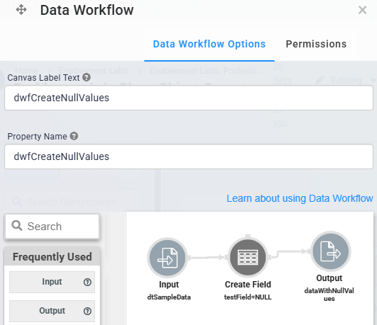 A static image displaying the configuration of the dwfCreateNullValues Data Workflow.