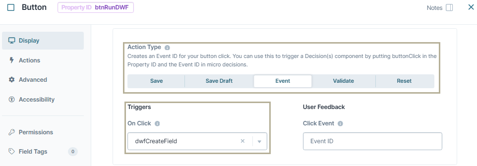 A static image displaying the configuration of the btnRunDWF Data Workflow component in Classic Designer.