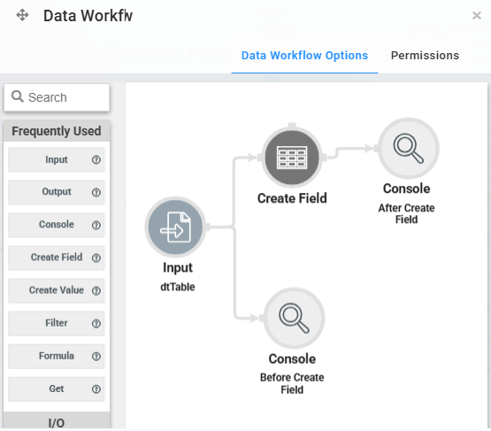 A static image displaying the configuration of the dwfCreateField Data Workflow component in Classic Designer.