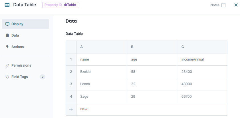 A static image displaying the configuration of the dtTable Data Table component in Classic Designer.