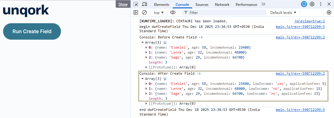 A static image displaying  the Express View and the DevTools Console.